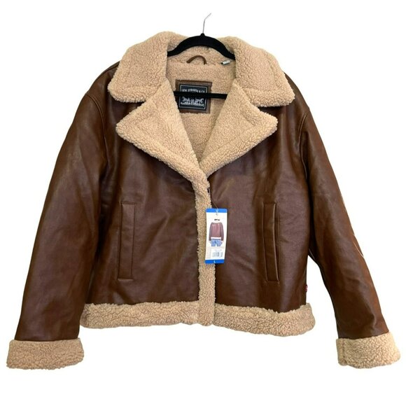 Levis Faux Leather Aviator Jacket Shearling Brown NWT - Picture 3 of 7